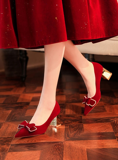 Red Bow Thick Heel Wedding Shoes