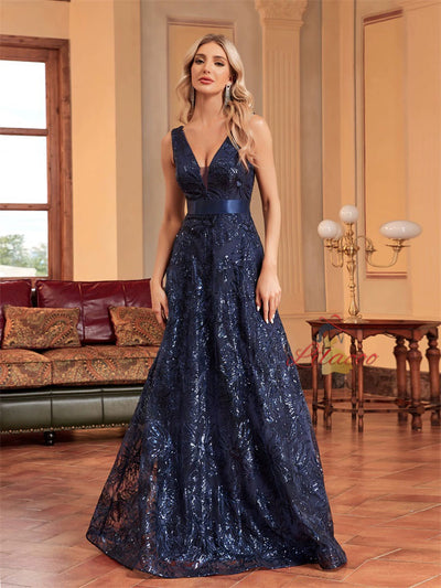 Navy Blue Sequins V-neck Prom Dress