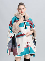 Loose Fur Collar Jacquard Knitted Shawl Cloak