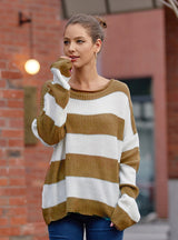 Curled Round Neck Striped Color Matching Sweater