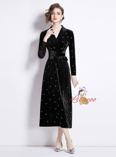 Hot Rhinestone Velvet V-neck Slim Dress