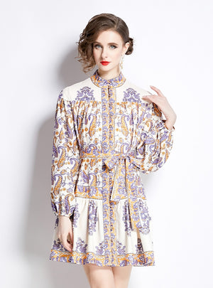 Retro Printed Long Sleeve Stand-up Slim Dress