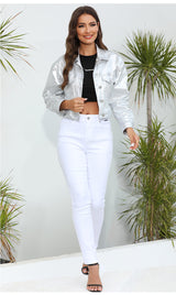 Silver Composite PU Leather Lapel Jacket Coat