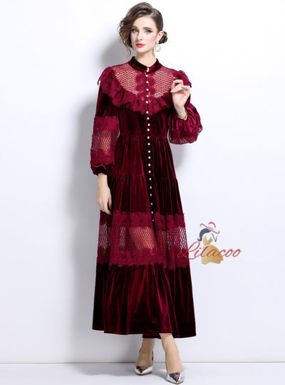 Lace Ruffled Pearl Buckle Velvet Big Swing Dress