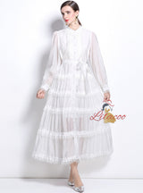 Women Lace Long Sleeve Button Dress