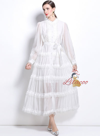 Women Lace Long Sleeve Button Dress