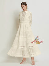 Retro Lace Stitching V-neck Lantern Sleeve Dress