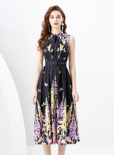 Ribbon Sleeveless Retro Print Dress