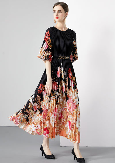 Loose Pleated Silm Waist Print Dress