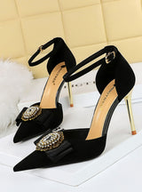 Retro High Heel Suede Pointed Rhinestone Metal Bow Shoes