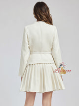 V-neck Pearl Brooch Coat+High Waist Skirt Suit