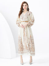 Palace V-neck Lantern Sleeve Printed Long Dress