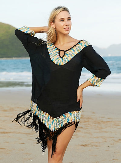 Short-sleeved Beach Tassel Loose Cover Up