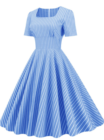 Retro Square Collar Striped Slim Dress