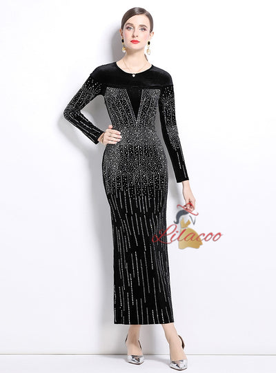 Velvet Rhinestone Long Sleeve Slim Dress