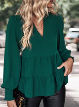 Long Sleeve Ruffled Top V-neck Shirt