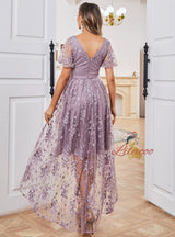 Purple Lace V-neck Puff Sleeve Prom Dress