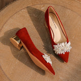 Thick-heeled Suede Red Wedding Shoes