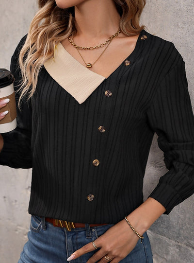 Contrast Stitching V-neck Long Sleeve Button Top