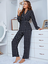 Plaid Long Sleeve Deep V-neck Two-piece Suit