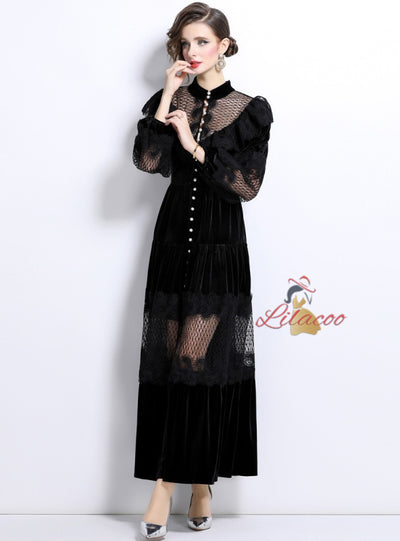 Lace Ruffled Pearl Buckle Velvet Big Swing Dress