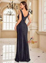 Black V-neck Pleats Beading Prom Dress