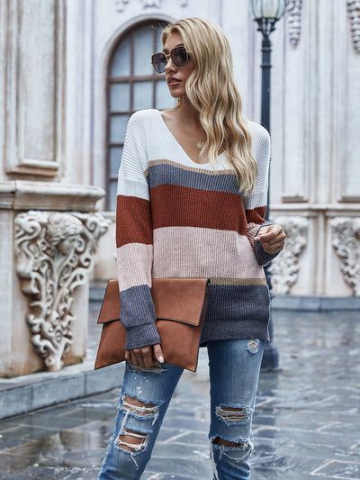 Striped V-neck Pullover Sweater