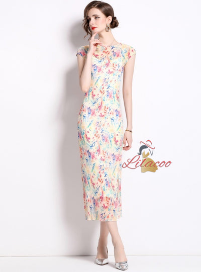 Printed Slim Split Long Short Sleeve Dress