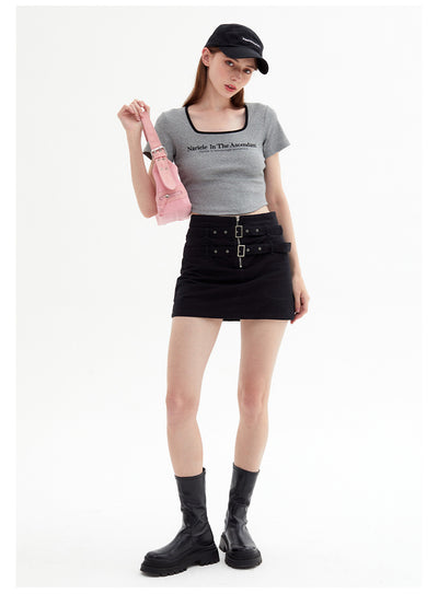 Square Collar Letter Short Sleeve T-shirt