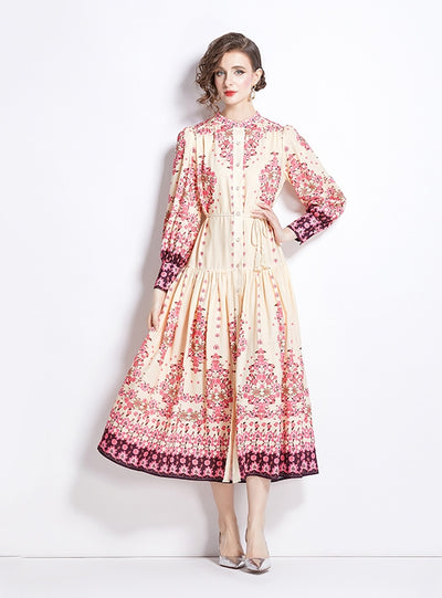 Retro Lantern Sleeve Printed Long Sleeve Dress