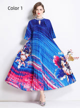 Beaded Printed Pleated Pearl Button Pleated Dress