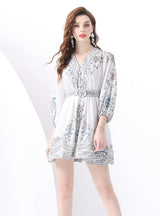 Stand-up Collar Lantern Sleeve Printed Short Mini Dress