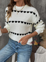 Knitted White Long-sleeved Love Heart Sweater