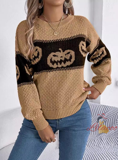 Halloween Pumpkin Contrast Long Sleeve Sweater