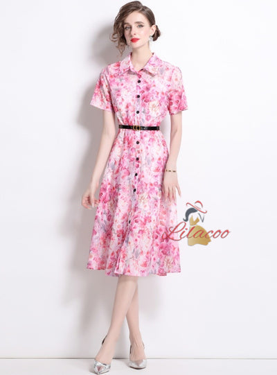 Printed Silm Waist Shirt Dress with Belt