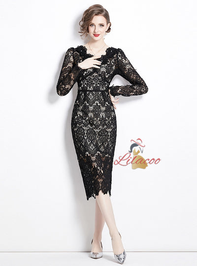 Lace V-neck Slim Mid-length Dress