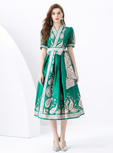 V-neck Lantern Sleeve Retro Print Dress