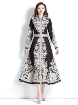 Retro Lapel Lantern Sleeve Printed Dress