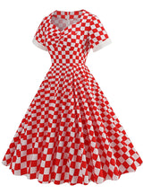 Checkerboard Swing Long Red Dress