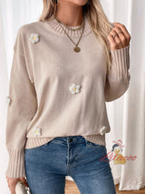 Flower-decorated Knitted Turtleneck Sweater