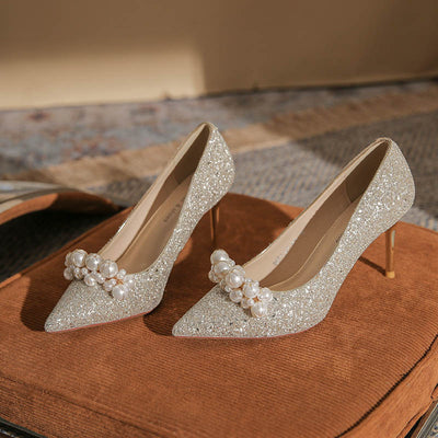 Sequined Stilettos and Pearl High Heels Wedding Shoes