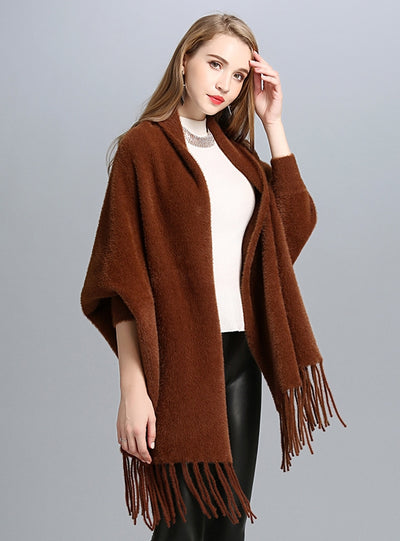 Fringed Knitted Shawl Cloak