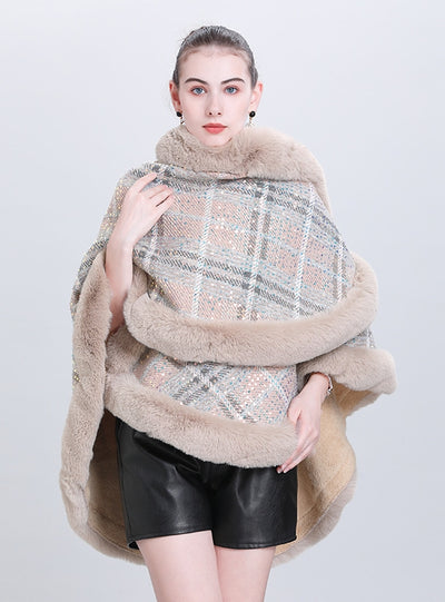 Sequined Fur Collar Plaid Cape Shawl