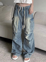 Pleated Low Waist Pocket Straight Jeans