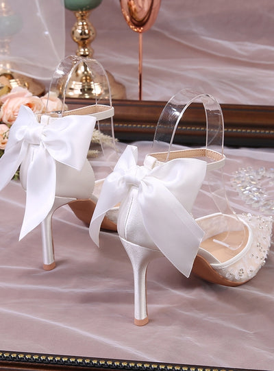 White Satin High-heeled Thin Pointed Bow Shoes