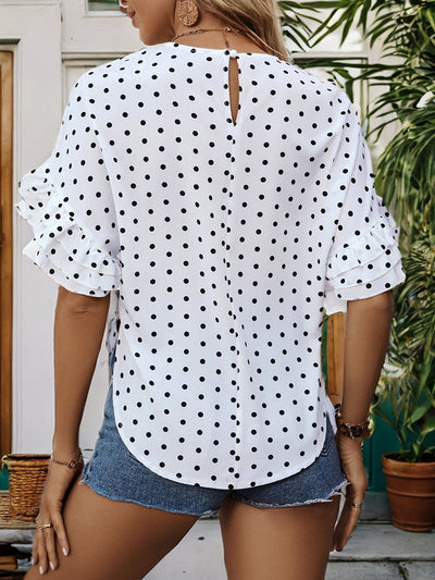 Polka Dot Bat Sleeve Ruffled Shirt