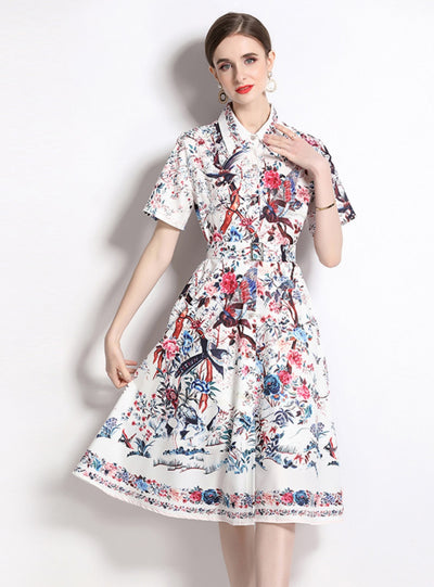 Shirt Lapel Short Sleeve Printed Big Swing Dress