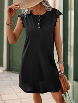 Solid Color Lace Stitching Round Neck Dress