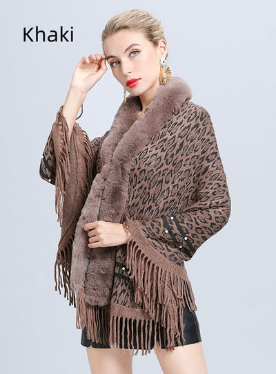 Imitation Fox Fur Collar Leopard Beaded Tassel Knitted Shawl