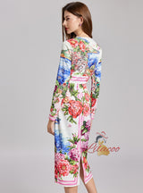 Landscape Print Slim Round Neck Long Sleeve Dress